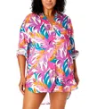 ANNE COLE PLUS SIZE TROPICAL-PRINT COVER-UP SHIRT