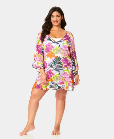 Anne Cole Plus Size V-neck Bell Sleeve Printed Swim Tunic Cover Up In Multi