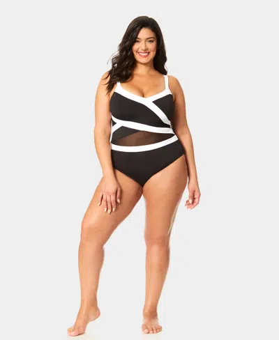 Anne Cole Plus Size V-neck Color Block Mesh Insert Swimsuit In Black
