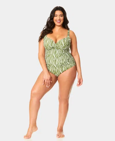 Anne Cole Plus Size V-neck Drape Front Hidden Underwired One-piece Swimsuit In Green