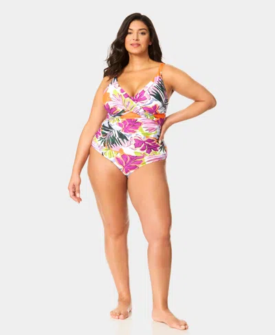 Anne Cole Plus Size V-neck Drape Front Hidden Underwired One-piece Swimsuit In Multi