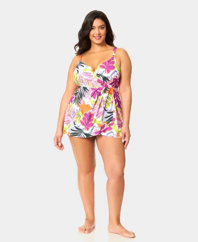 Anne Cole Plus Size V-neck Printed Surplice Skirted Swim Dress In Multi