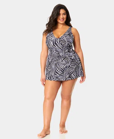 Anne Cole Plus Size V-neck Surplice Wrap Printed Swim Dress In Blue
