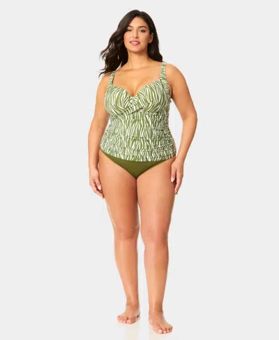 Anne Cole Plus Size V-neck Underwire Printed Drape Front Tankini Top In Green