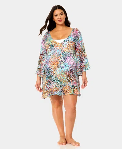 Anne Cole Plus Size V-neck Flounce Swim Cover Up Tunic In Multi