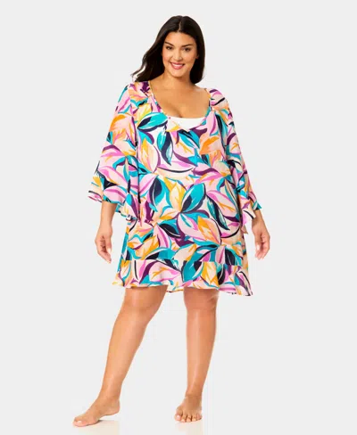 Anne Cole Plus Size V-neck Flounce Swim Cover Up Tunic In Multi