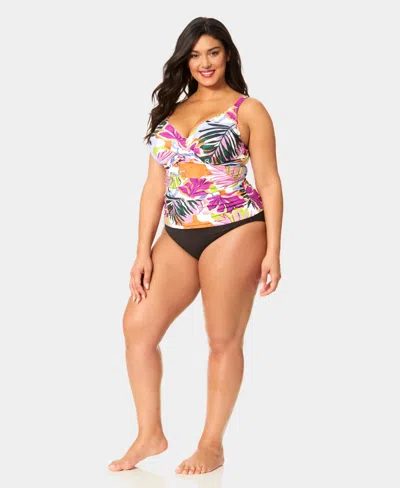Anne Cole Plus Size V-neck Underwire Printed Drape Front Tankini Top In Multi
