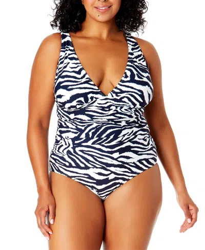 Anne Cole Plus Size Zebra-print One-piece Swimsuit In Navy  White