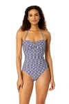 Anne Cole Printed Twist Front Shirred One Piece Swimsuit In Blue