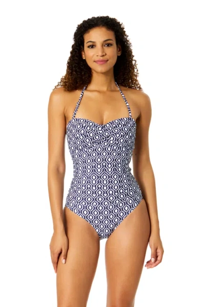 Anne Cole Printed Twist Front Shirred One Piece Swimsuit In Blue