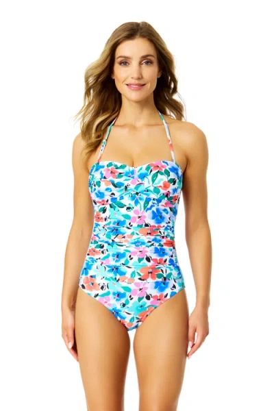 Anne Cole Printed Twist Front Shirred One Piece Swimsuit In Blue