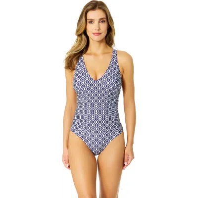 Anne Cole Printed V Neck Cross Back One Piece Swimsuit In Blue