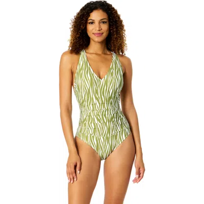 Anne Cole Printed V Neck Cross Back One Piece Swimsuit In Green