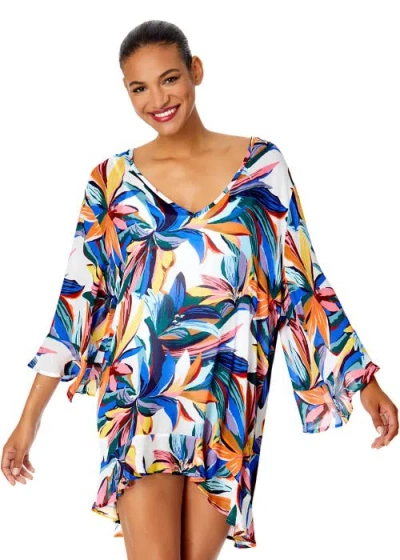 ANNE COLE GRADIENT FLORAL FLOUNCE V NECK TUNIC SWIMSUIT COVER UP