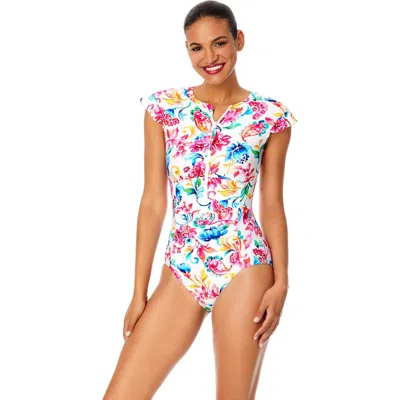 Anne Cole Riviera Floral Flutter Sleeve Zip Up Rash Guard One Piece Swimsuit In Multi