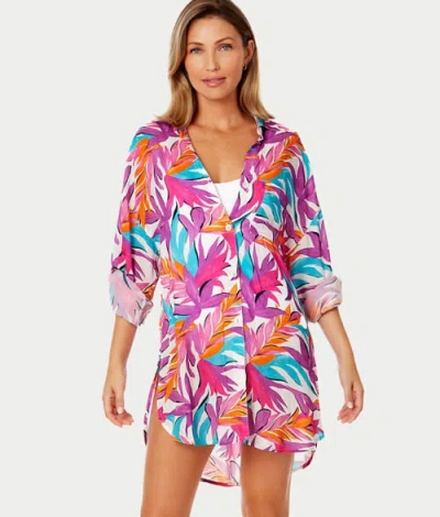Anne Cole Signature Dance Floor Palm Button-down Cover-up In White Print