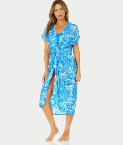 Anne Cole Signature Midnight Floral Twist Front Midi Cover-up Dress In Blue,white