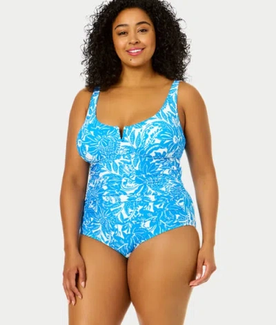 Anne Cole Signature Plus Size Midnight Floral V-wire One-piece In Blue,white