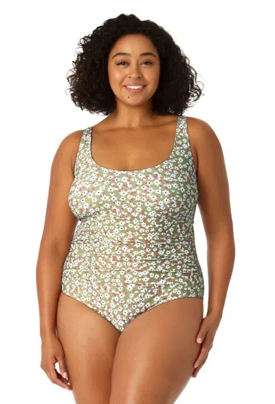Anne Cole Swimsuit Women's Green Floral Stretch Scoop Neck One Piece Erk1077 In Multi