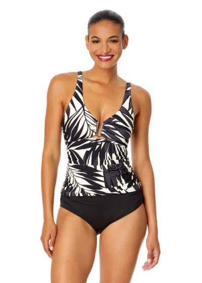 Anne Cole Tiger Dance Ring Front Tankini Swim Top In Palm Chic