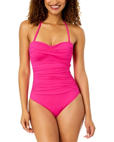Anne Cole Twist Front Shirred Bandeau One-piece In Pink