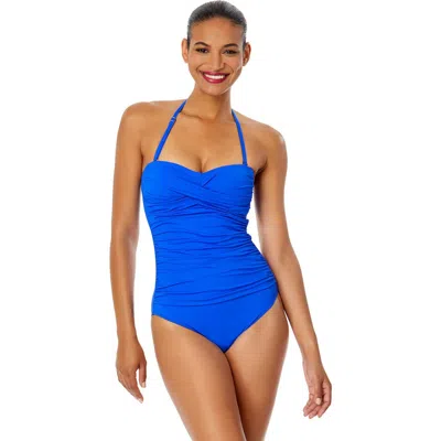Anne Cole Twist Front Shirred One Piece In Blue