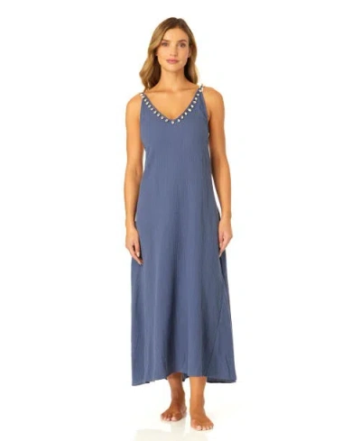 Anne Cole V Neck Braided Shell Strap Cover Up In Blue Indigo