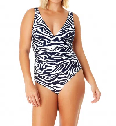 Anne Cole V-neck Shirred One-piece Swimsuit In Navy In Black
