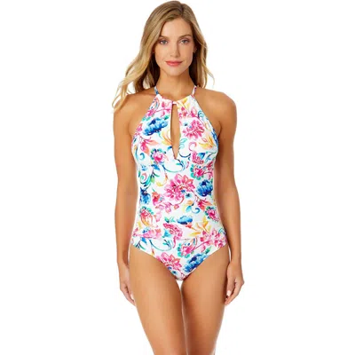 Anne Cole Watercolor Paisley High Neck With Ruffled Straps One Piece Swimsuit