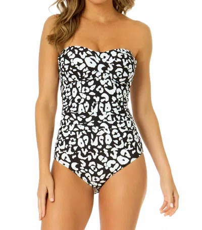 Anne Cole Wild Cat Twist Front Shirred One Piece Swimsuit In Black/white In Multi