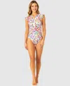 ANNE COLE WOMEN'S ABSTRACT DOT FLUTTER-SLEEVE ZIP-FRONT ONE-PIECE SWIMSUIT