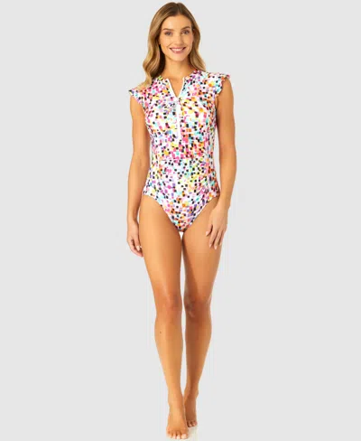 Anne Cole Women's Abstract Dot Flutter-sleeve Zip-front One-piece Swimsuit In Multi