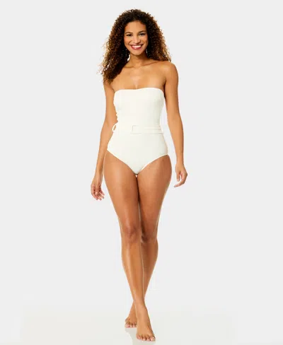 Anne Cole Women's Belted Bandeau Neck Strapless One-piece Swimsuit In White