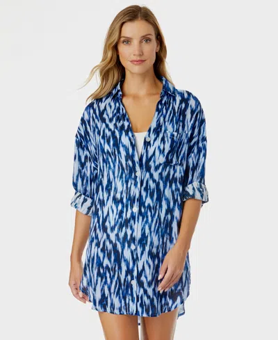 Anne Cole Women's Boyfriend Shirt Swim Cover-up In Blue White