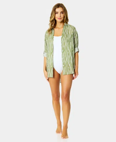 Anne Cole Women's Button-down Boyfriend Cover-up Tunic Swim Shirt In Green