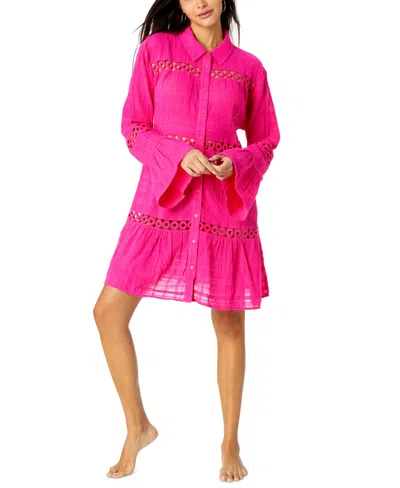Anne Cole Women's Cotton Bell-sleeve Cover-up Tunic In Raspberry Pink