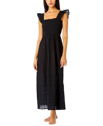 Anne Cole Women's Cotton Flutter-sleeve Cover-up Midi Dress In Moonless Night Black