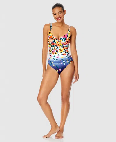 ANNE COLE WOMEN'S FLORAL-PRINT DRAPED UNDERWIRE ONE-PIECE SWIMSUIT