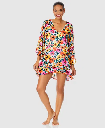 ANNE COLE WOMEN'S FLORAL-PRINT FLOUNCE V-NECK TUNIC SWIM COVER-UP
