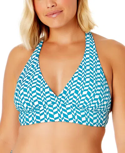 Anne Cole Womens Marilyn Halter Bikini Top Soft Band Swim Bottoms In Blue White