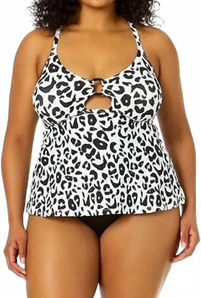 Anne Cole Women's Plus Size Ring Easy Tankini Swim Top In Wild Cat In White