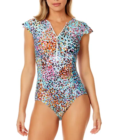 Anne Cole Women's Printed Flutter-sleeve Zip-up One-piece Swimsuit In Multi Color