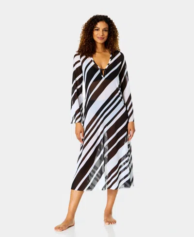 Anne Cole Women's Striped V-neck Swim Dress In Black