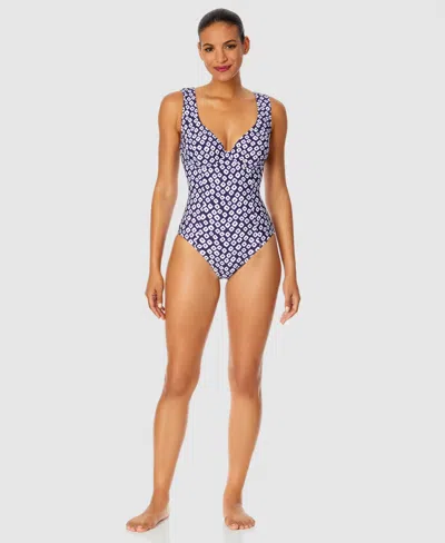 Anne Cole Tie Dye Ikat Double Ring Plunge Front One Piece Swimsuit In Shibori Geo Blue
