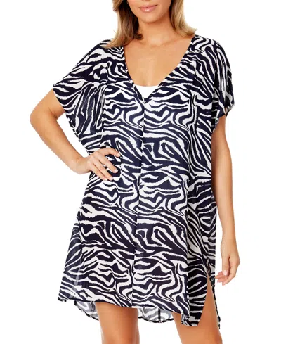 Anne Cole Women's V-neck Short-sleeve Cover-up Tunic In Navy  White