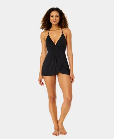 Anne Cole Women's V-neck Surplice Skirted One-piece Swim Dress In Black