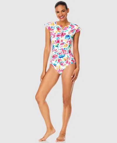 Anne Cole Women's Watercolor Paisley Flutter-sleeve Zip-front One-piece Swimsuit In Multi