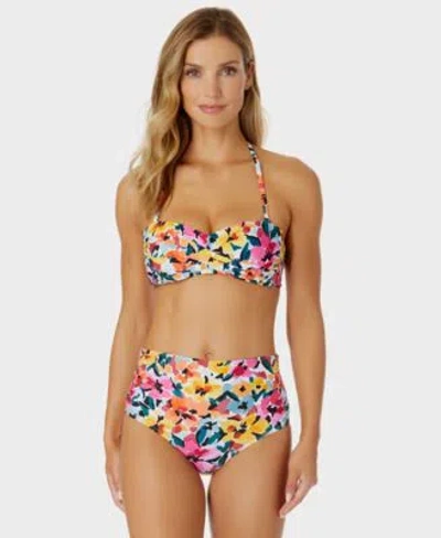 Anne Cole Womens Printed Bandeau Bikini Top High Waist Shirred Bottoms In Multi