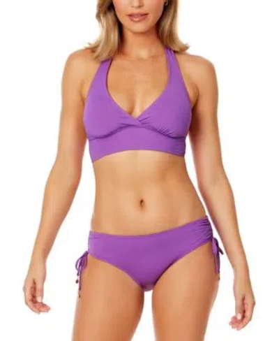 Anne Cole Womens Solid Banded Halter Bikini Top Ruched Side Bikini Bottoms In Fuchsia