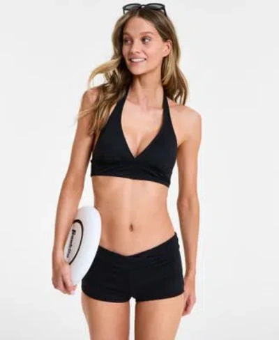Anne Cole Womens Solid Banded Halter Bikini Top Twist Front Shorty Bikini Bottoms In Black